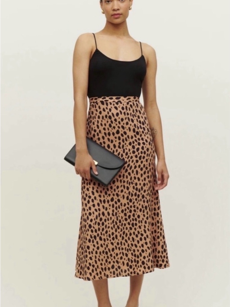Reformation Bea Silk Satin Leopard Print Midi Slip Skirt Size 6p